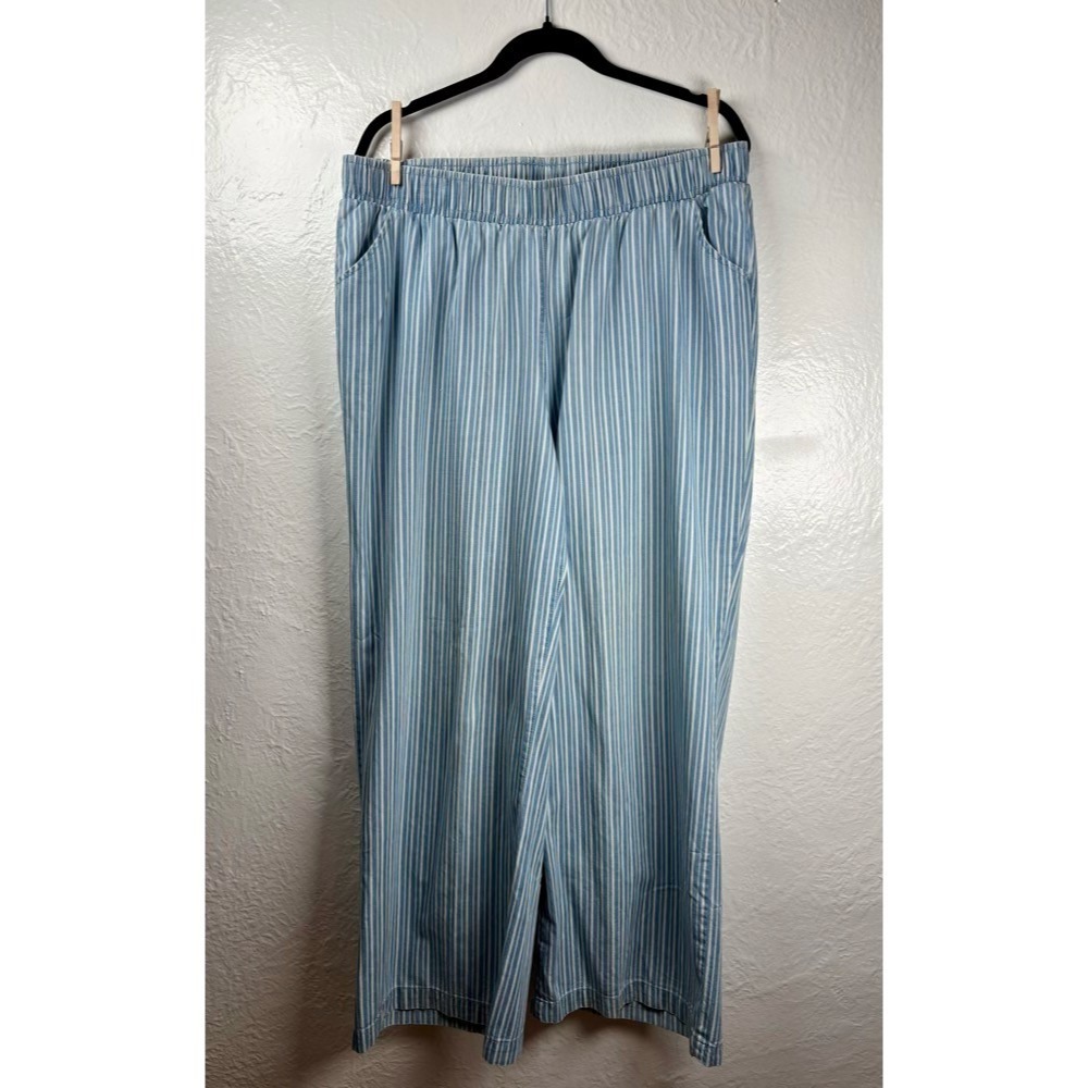Diane Gilman Womens XL Blue White Striped Wide Leg Pull On Pants Cotton Blend